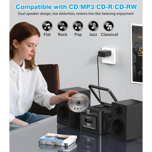 Black Greadio Stereo System for Home with Boombox CD and Cassette Player Combo, 40W Home Stereo System with Bluetooth, FM Radio/USB/TF/AUX/Remote Control, Detachable Wooden Bookshelf Speakers