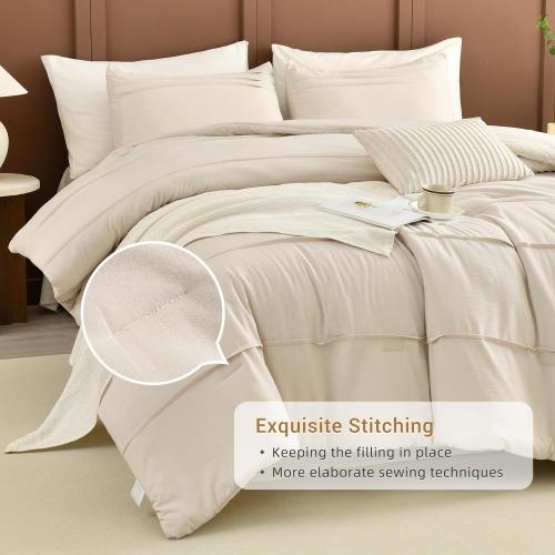 CozyTide Queen Comforter Set(90x95),Cotton Pinch Pleated Bedding Set,3 Pieces Soft Lightweight Farmhouse Bedding Comforter Set（1 Wheat Comforter and 2 Pillowcases）
