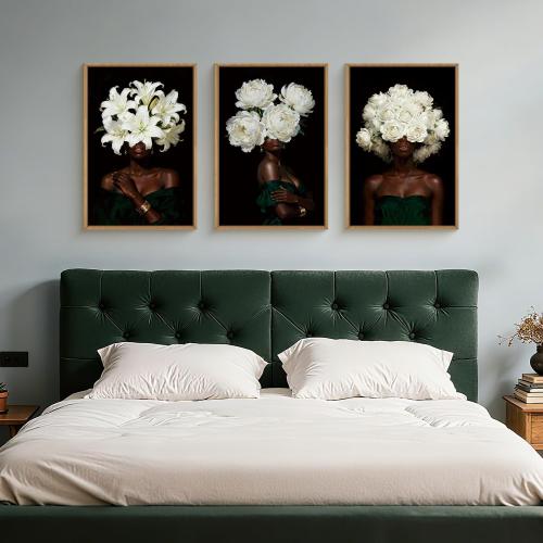 HPINUB Black Woman Framed Canvas Prints Wall Art Set, Abstract White Hydrangea Wall Decor, Vintage African American Girl Art Photos for Living Room, Bedroom, Dining Room, Office, Bathroom - 16x24x3
