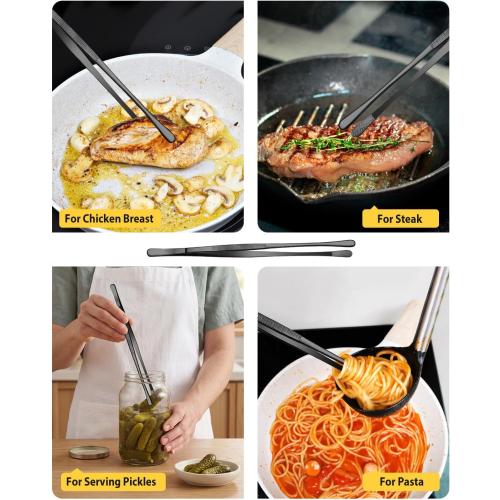 4 Pcs Fine Long Tweezer Tongs Professional Black, 12'' and 10'' Stainless Steel for Kitchen, Food, Cooking, Repairing, Sea food and BBQ