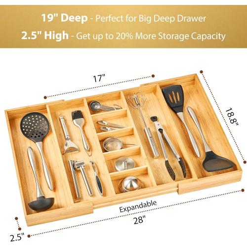 Umilife Extra Large Expandable Kitchen Drawer Organizer for Utensil and Junk, 19 Deep for Big Drawer, 17 to 28 Adjustable Bamboo Wood Drawer Divider, Cutlery Tray, Flatware Holder