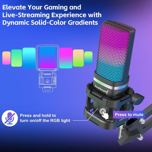 BLACK ZealSound Gaming USB Microphone,Noise Cancellation Condenser mic,RGB Microphone with Mute,Gain,Monitoring,Boom Arm,Pop Filter for Phone,PC,Computer,PS4,PS5,Mac,Streaming,Podcast,Twitch,YouTube,Discord