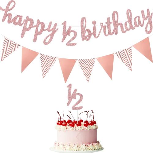 Boao Pre- Strung Half Birthday Decorations Set 6 Months Happy 1/2 Birthday Banner, Glitter 1/2 Half Year Cake Topper, Triangle Flag Banner for Baby Shower Party Photoshoot Props(Rose Gold)