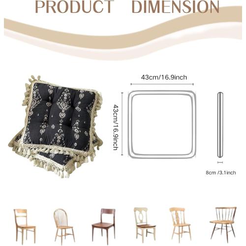Set of 2 Floral Printed Chair Pads with Tassels Cotton Linen Square Chair Cushions Seat Cushion for Living Room Kitchen and Officewooden Chair (Black)