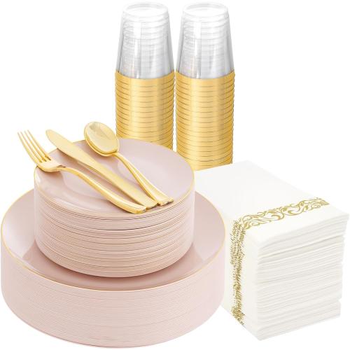 Supernal 350pcs Pink Plastic Plates,Plates Disposable
