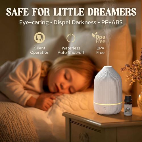 Essential Oil Diffuser, 100ml Aromatherapy Diffuser, Mini Ultrasonic Diffuser for Essential Oil, Home, Office, Cool Mist Humidifier with 7 Led Light, Auto Shut-Off, White