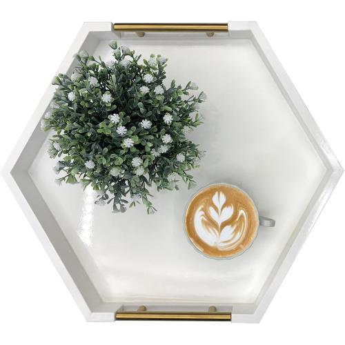 Serving Tray with Polished Metal Handles, Hexagon Coffee Table Tray, Modern Rectangle Decorative Tray, Large Ottoman Tray, Perfect for Storage and Display (White Hexagon)