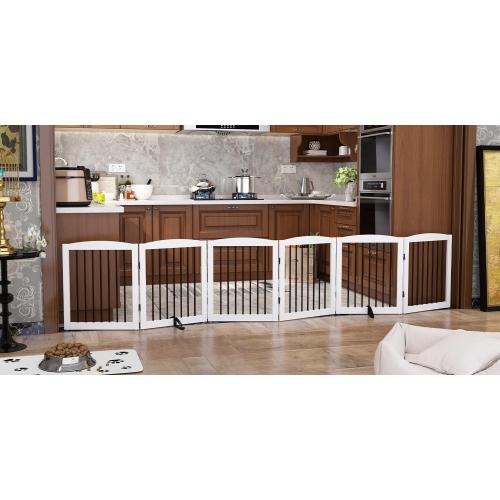 Freestanding Pet Gate for Dogs, Foldable Wooden Dog Gate for House, Extra Wide Indoor Pet Barrier for Stair, Doorway, Hall, Support Feet Included, 120 Inch Wide, 6 Panels 24, White
