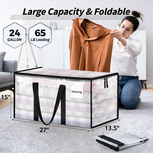 16 Pack Extra Large Heavy Duty Moving Bags, Clear Storage Bins with Lids, Reinforced Handles & Heavy-Duty Zippers Moving Boxes Storage Bags Totes for Clothes Packing, Dorms, College Supplies, Clear