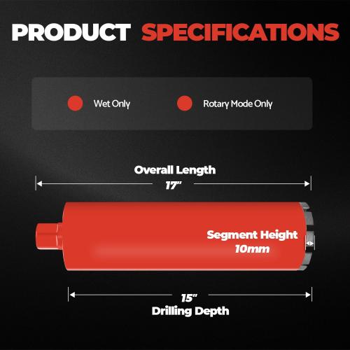 Diamond Core Drill Bit for Concrete, Masonry, Reinforced Rebar Concrete 6 Inch, Wet only, 15 Drilling Depth, 1-1/4-7 Thread, Superior Welded Core Drill Bits with Roof-Top Segment
