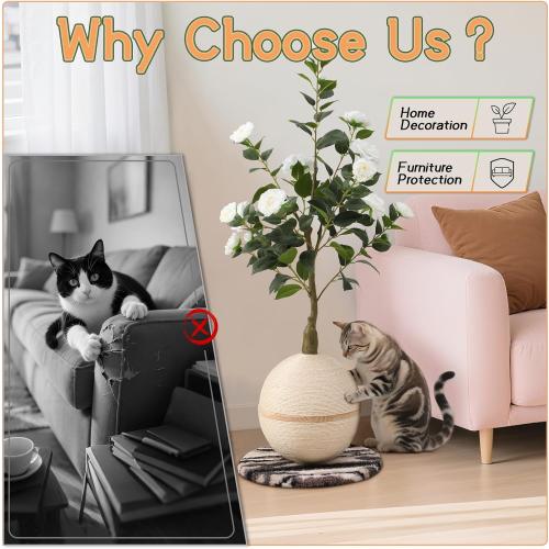 Cat Scratching Post, Artificial Camellia Tree Cat Scratch Ball with Sisal Rope, Cute Flower Scratching Posts for Indoor Cats Adults and Kitten, Modern Cat Scratcher for Home Decor