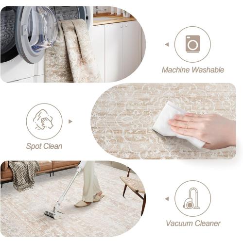 10x14 Area Rugs for Living Room Large Washable Rugs for Bedroom Floral Vintage Non-Slip Thin Area Rug Indoor Home Office Decor Beige