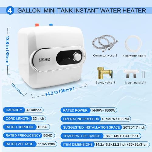 4 Gallon Tank Water Heater Under Sink Instant Hot Water 1500w 120V,Kitchen Under Counter RV Small Hot Water Heater with Release Valve 3-Way Diverter Vavle,1/2 NPT White