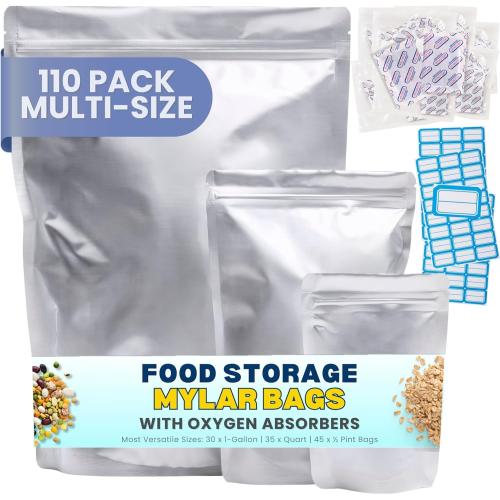 110 Pack Mylar Bags with Oxygen Absorbers - 10Mil Thick Mylar Bags For Food Storage and 400cc Oxygen Absorber, Variety Large Gallon, Quart, 1/2 Pint, Heat & Vacuum Zip Seal Food Bag