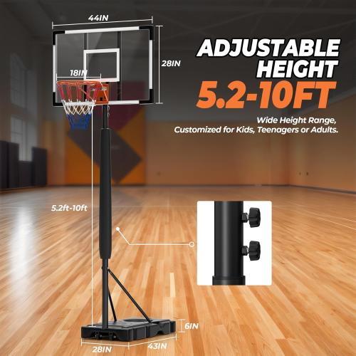 Basketball Hoop Outdoor Basketball Goal Portable Adjustable for Adults, Youth in Backyard, Driveway, Indoor, 44 Inch Pc Shatterproof Backboard, 2 Sand Bags and Portable Wheels