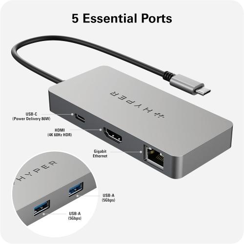 HyperDrive 5 Port USB C Hub - 86W Power Delivery, 4K HDMI, Ethernet, 5Gbps USB-A, USB Hub for Laptop, Chromebooks, and USB-C Compatible Devices