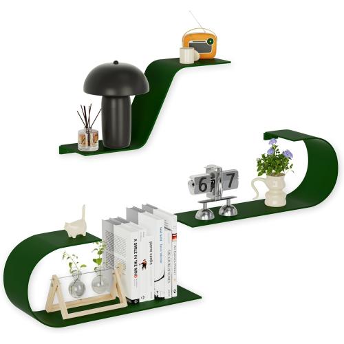 Green Floating Shelves Set of 3, Green Metal Decor, Unique Mounted Floating Shelf, Modern Long Wall Shelf, Large Wall Shelves for Bedroom, Bathroom, Living Room