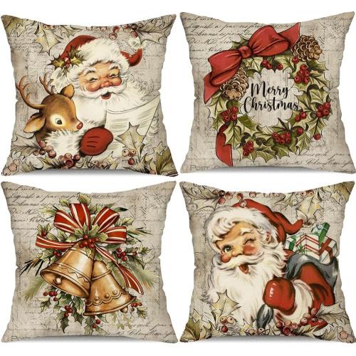 DFXSZ Christmas Pillow Covers 18x18 inch Set of 4 Santa Claus Reindeer Decorative Vintage Throw Pillow Covers Winter Retro Farmhouse Decoration for Home Couch BTHZ-140B18