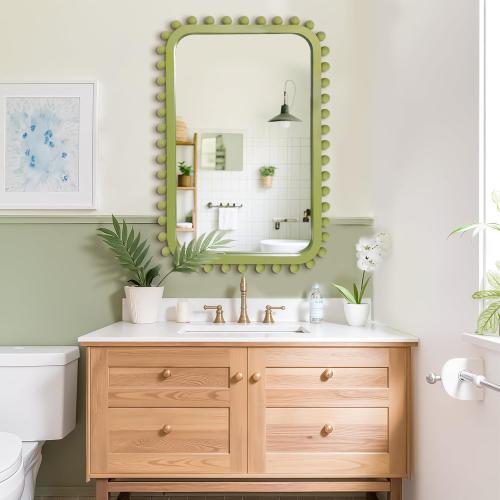 Bathroom Mirror for Wall with Wooden Beaded, 30x20 Rectangular Solid Wood Vanity Mirror for Farmhouse, Bathroom, Bedroom Decor(Green)
