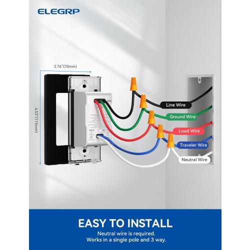 ELEGRP Smart Motion Sensor Switch, 2.4GHz Wi-Fi 3 Way Light Switch Compatible with Alexa & Google Assistant, APP Remote Control, Neutral Wire Required, UL Certified, No Hub Required (Black, 1 Pack)