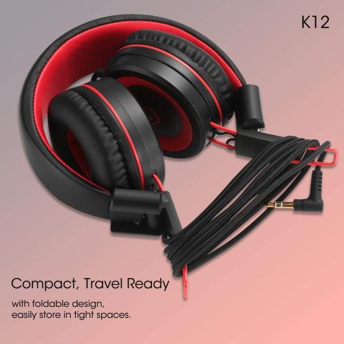 noot products Kids Headphones with Microphone K12 Stereo 5ft Long Cord with 85dB/94dB Volume Limit Wired On-Ear Headset for iPad/Amazon Kindle,Fire/Toddler/Boys/Girls/School (Red Black)