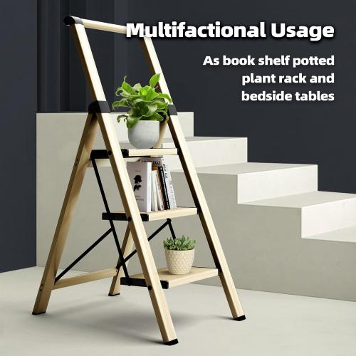 HillhutApex 3 Step Foldable Aluminum Step Ladder with Handgrip, Anti-Slip Pedal, 330 lbs Capacity, Lightweight & Portable for Home, Kitchen, Office, Garage (Gold)