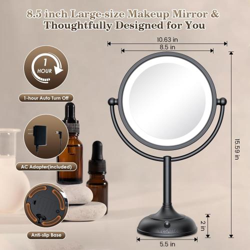 VESAUR Professional 8.5 Lighted Makeup Mirror, 1X/10X Double Sided HD Undistorted Magnifying Mirror with 3 Color 90 Dimmable LED lights, 360° Rotation Vanity Mirror, Unique Black Nickel with Gift Box