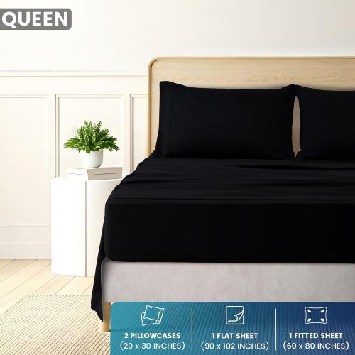 Queen Sheet Set - Brushed Microfiber - Soft Bed Sheets for Queen Size Bed Set - Includes 1 Fitted, 1 Flat, & 2 Pillow Cases - Deep Pocket (Black)
