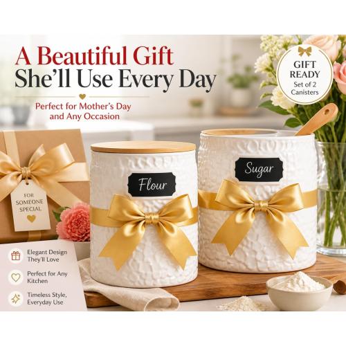 Ceramic Canister Set of 2 (94oz & 52oz) – Airtight Bamboo Lids for Flour, Sugar & Coffee – White Kitchen Storage Jars with Labels for Countertop & Pantry