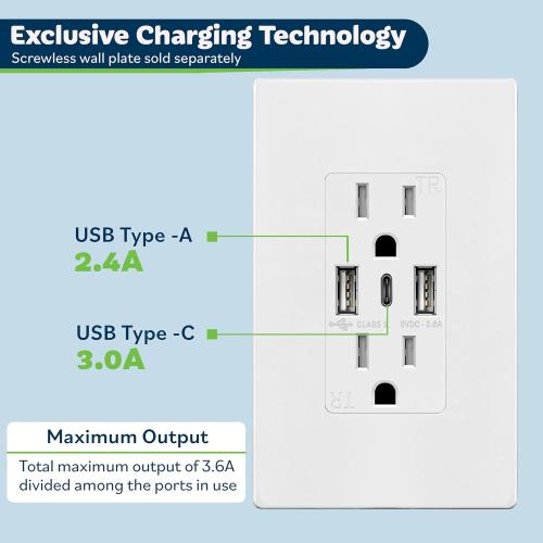 TOPGREENER USB Outlet, 3-Port Type C 3.6A 18W Wall Outlet, 15 Amp Receptacle, Charging Power Outlet with USB Ports, Compatible with iPhone 17 Series & More, UL Listed, TU21536AC3-2PCS, White, 2 Pack