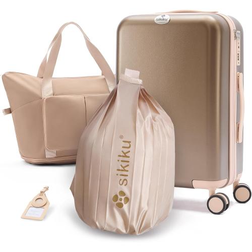 Size 20 Set of 4-Piece Color Gold  Lightweight Luggage Sets for Women, Hardshell Spinner Suitcase with TSA Lock, Expandable Duffel Bag, Luggage Strap, and Leather Tag（Titanium Gold, 20inch)