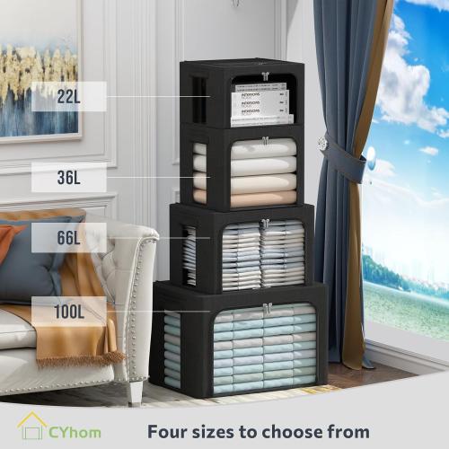 CYhom 3Pack Foldable Storage Bins - Frame Storage Box Linen Fabric Stackable Clothes Container Organizer with Clear Window & Carry Handles Large Capacity (Extra Large-100L, Black)