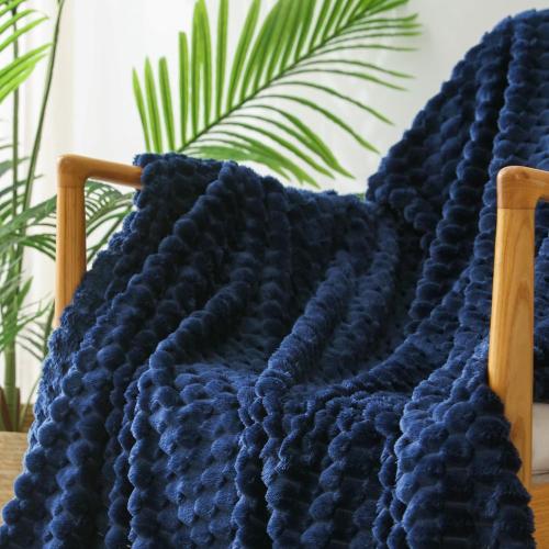 Exclusivo Mezcla Extra Large Fleece Throw Blanket for Couch, 50x70 Inches Stylish Jacquard Soft Throw Blanket, Fuzzy Cozy Lightweight for All Season, Navy Blue
