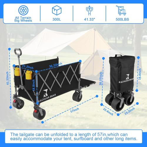 57 L Large Collapsible Foldable Wagon with Tailgate & Brake, 500LBS Heavy Duty Beach Wagons with All-Terrain Big Wheels, 300L Folding Utility Cart for Sand Garden Shopping Groceries Sports (Black)