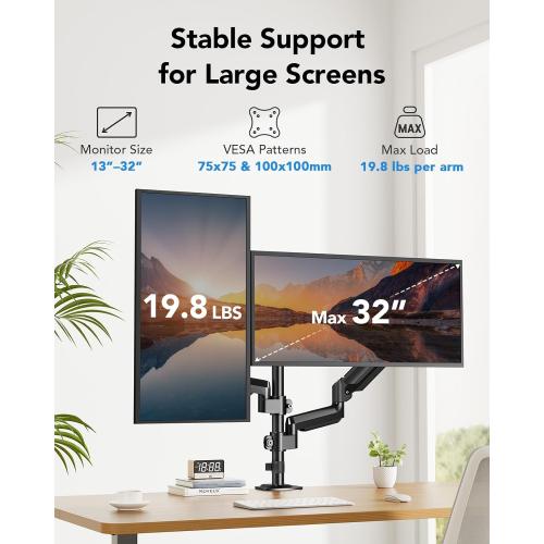 HUANUO Dual Monitor Mount up to 32 inches Screens, Taller Monitor Stand Hold 19.8lbs, Dual Monitor Arm Desk Mount Easy Adjustable with Tilt, Swivel, Rotation, VESA 75/100mm