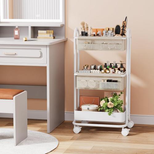 Baby Diaper Caddy Organizer Cart - 3 Tier Rolling Storage Cart with Wheels, Baby Essentials Nursery Storage, Detachable Dividers - for Crib, Bedroom, Art & Craft Organizer (Off White)