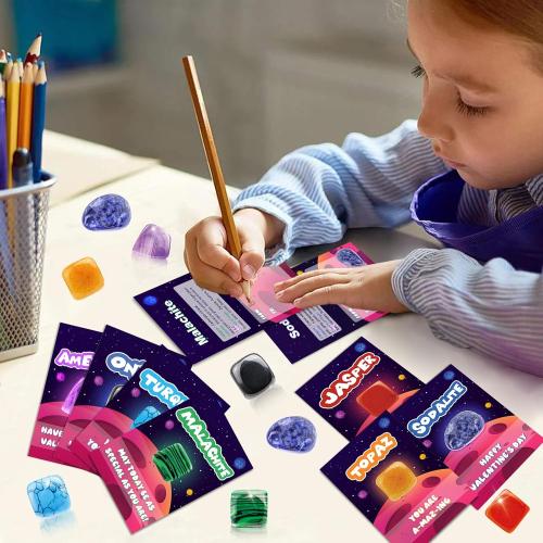 Valentine‘s Gifts for Kids, 28 Pack Valentines Cards with Rocks Bulk, Crystal Gems Minerals Rocks Collection Kit, Exchange Card for Girls Boys School Classroom Party Favors