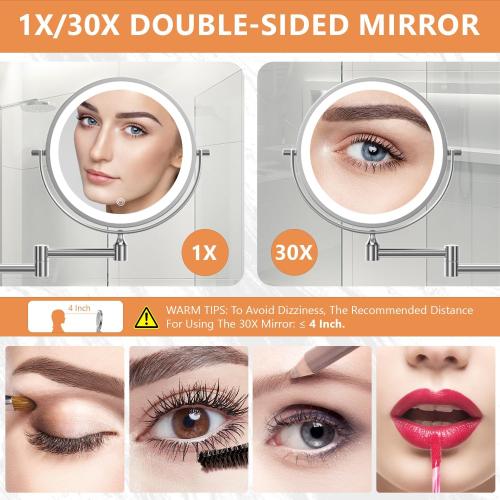 Auxmir 1X/30X Wall Mounted Makeup Mirror with Light, 8 Rechargeable Double-Sided Magnifying Mirror, Vanity Mirror Dimmable 3 Color Light, 360° Extension Rotation Foldable 14.5 Inch Arm, Chrome
