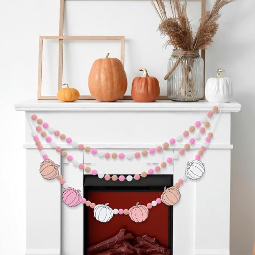 Breling 3 Pcs 10 ft Fall Felt Ball Garlands Pink Pumpkin Felt Pom Pom Banner Autumn Pumpkin Garland Decorations Festive Harvest Hanging Decorations for Fall Thanksgiving Home Wall Mantle Hanging Decor