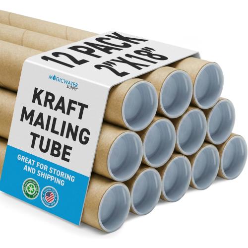 MagicWater Supply Heavy Duty Mailing Tubes - Durable Cardboard for Shipping, Storing & Protecting Posters Artwork Documents and Blueprints with Secure End Caps - 12 Pack 2 in x 18 in Kraft - US Made.