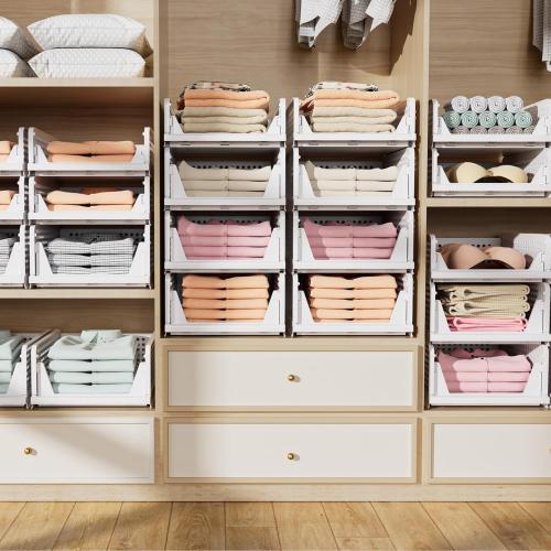 5 Pack Folding Closet Organizers Storage Box, Stackable Storage Bins, Plastic Drawer Basket Closet Storage for Wardrobe Cupboard Kitchen Bathroom Office 5L (White)