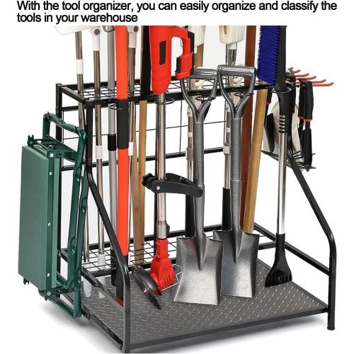 Garden Tool Organizer for Garage，Garden Tool Rack，Tool Organizers and Storage，for Long Handle Tools,Rake,Brooms, Hooks， Small Shovel,Shear，Black