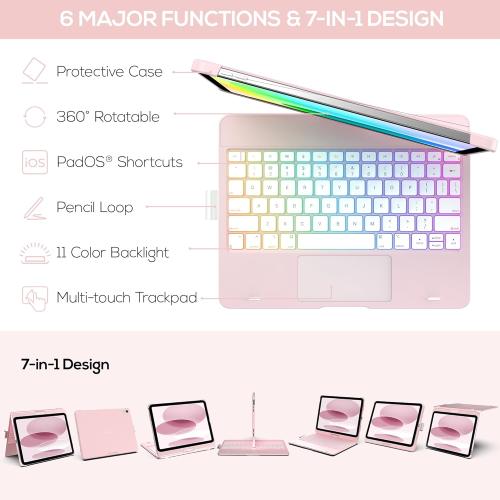 Pink typecase Touch iPad 10th Generation Case with Keyboard (10.9, 2022) and iPad A16 (11th Gen, 2025) – 360° Rotatable, 11-Color Backlit, Multi-Touch Trackpad, Thin & Light (Light Pink)