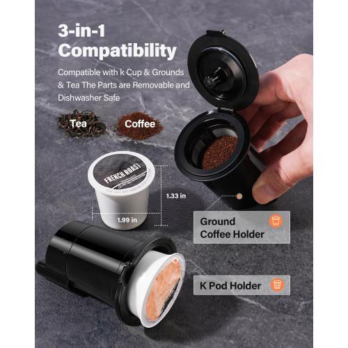 Coffee Maker Hot & Iced With Bold Setting,Single Serve Coffee Maker For K Cup And Grounds,52 Oz Removable Water Tank,6-14 Oz Brew Sizes,One Cup Kcup Coffee Machine With Reusable Filter,(Black)