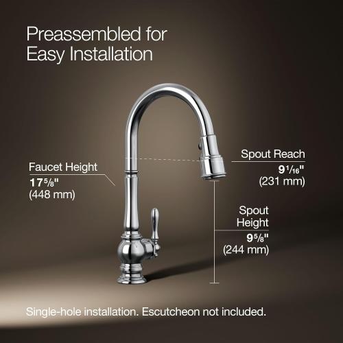 KOHLER K-99259-CP Artifacts Single-Hole Kitchen Sink Faucet with 17-5/8-Inch Pull-Down Spout, 3-Function Sprayhead, and Turned Lever Handle, Polished Chrome