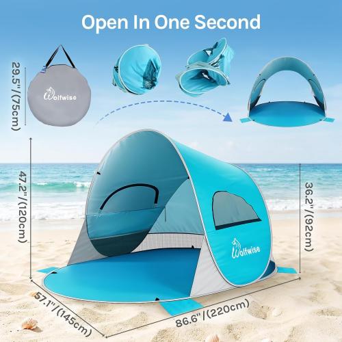 Wolfwise Pop up Beach Tent Sun Shelter with UPF50  UV Protection, Instant Easy Setup Popup Beach Shade Canopy for 3 Person, Portable & Foldable with Carring Bag, 87 ×57×47 in, Blue