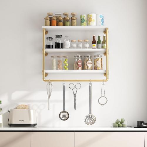 HOMEKAYT 24 Industrial Pipe Shelving, Floating Wall Shelves 3 Tier Gold Shelves with Haning Rod Multiple Use for Kitchen, Bedroom,Living Room,Bathroom