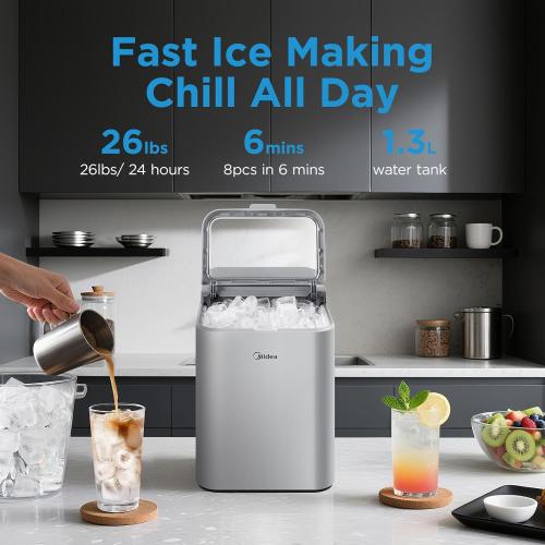 Midea MERI26B1AGY Countertop Bullet-Ice Maker, 8 Ice Bullets Ready in 6 Minutes, 26lbs/24H, Self-Cleaning Function with Ice Scoop and Basket for Home/Office/RV