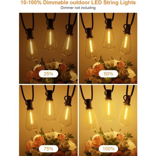 Outdoor String Lights, ST38 Bulbs Shatterproof Patio Lights, Waterproof Dimmable Outside Hanging Light, Connectable LED Outdoor Lights for Backyard, Porch, Party, Garden, Home Decor