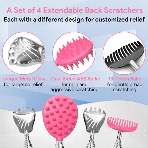 Gumry Versatile Back Scratcher - Portable Telescoping Extendable Back Massager Tool with Different Heads & Rubber Handles, Stocking Stuffers & Birthday Gifts for Women, Mom, Her, Men - Pink